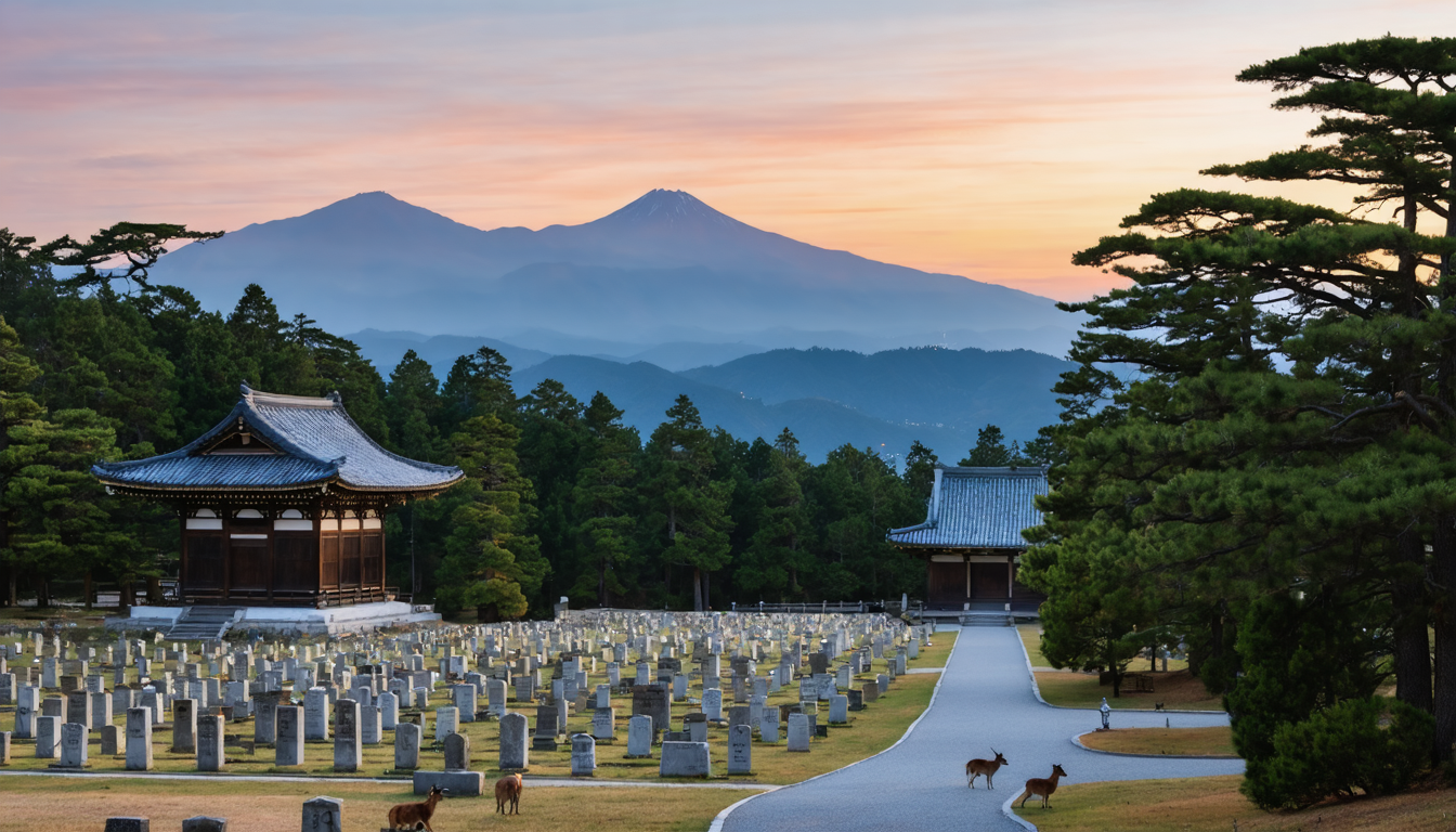 A tranquil representation of Koyasan, Japan, showcasing a traditional temple amidst serene mountains at dawn, symbolizing the holy mountain of Buddhism.