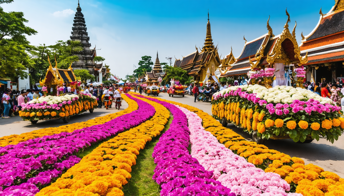 Vibrant scene from the Chiang Mai flower festival showcasing colorful flowers, floats, and cultural performances.