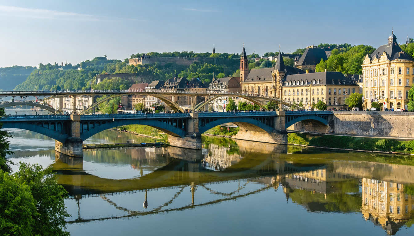 A stunning view of Luxembourg City's iconic bridges including the Adolphe Bridge and Grand Duchess Charlotte Bridge, set against a picturesque landscape.